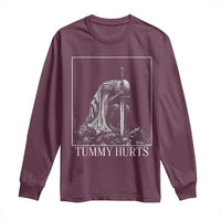 Dramatic Tummy Hurts Kneeling Knight Graphic Long Sleeve Shirt Funny Medieval Sarcastic Renaissance Fantasy Meme