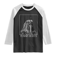 Dramatic Tummy Hurts Kneeling Knight Graphic Raglan Shirt Funny Medieval Sarcastic Renaissance Fantasy Meme