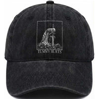 Dramatic Tummy Hurts Kneeling Knight Graphic Washed Cotton Baseball Cap Funny Medieval Sarcastic Renaissance Fantasy Meme