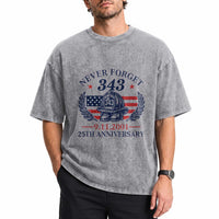 Firefighter Memorial Never Forget 343 Washed Cotton T-Shirt 25th Anniversary Patriotic Honor 9 11 Tribute