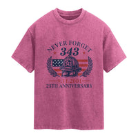 Firefighter Memorial Never Forget 343 Washed Cotton T-Shirt 25th Anniversary Patriotic Honor 9 11 Tribute