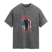 Firefighter Memorial In Honor Of The 343 Maltese Cross Graphic Washed Cotton T-Shirt Patriotic 9 11 Memorial Tribute