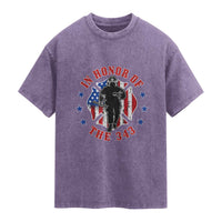 Firefighter Memorial In Honor Of The 343 Maltese Cross Graphic Washed Cotton T-Shirt Patriotic 9 11 Memorial Tribute