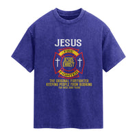 Jesus The Original Firefighter Christian Faith Washed Cotton T-Shirt Keeping People From Burning First Responder