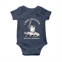 Funny Goblincore Sword Frog Riding Alligator Meme Baby Onesie I Will Succeed Because I Am Insane Chaotic Motivation