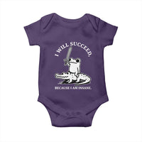 Funny Goblincore Sword Frog Riding Alligator Meme Baby Onesie I Will Succeed Because I Am Insane Chaotic Motivation