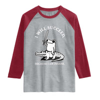 Funny Goblincore Sword Frog Riding Alligator Meme Raglan Shirt I Will Succeed Because I Am Insane Chaotic Motivation