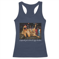Support Your Local Egg Dealer Chicken Sipping Iced Coffee Graphic Racerback Tank Top Funny Homesteading Farm Life