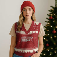 Funny Aura Energy at 67 V-Neck Knit Sweater Vest Six Seven Viral Meme 6 7 Gen Alpha Slang - Wonder Print Shop