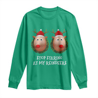 Funny Christmas Chest Joke Long Sleeve Shirt Stop Staring At My Reindeers Merry Titmas Boobs