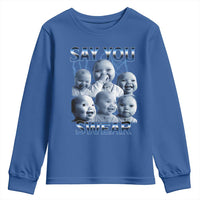Funny Tuff Baby Meme Youth Sweatshirt Say You Swear Viral AI Niche Baby Holding Back Laugh - Wonder Print Shop
