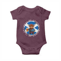 Funny Highland Cow in Kilt Drinking Baby Onesie We'll Be Coming Scottish Pride Football Fans - Wonder Print Shop