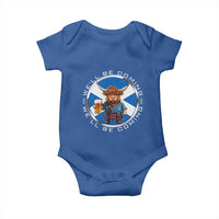 Funny Highland Cow in Kilt Drinking Baby Onesie We'll Be Coming Scottish Pride Football Fans - Wonder Print Shop