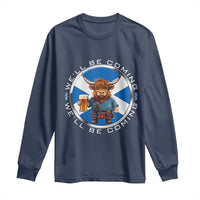 Funny Highland Cow in Kilt Drinking Long Sleeve Shirt We'll Be Coming Scottish Pride Football Fans - Wonder Print Shop