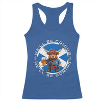 Funny Highland Cow in Kilt Drinking Racerback Tank Top We'll Be Coming Scottish Pride Football Fans - Wonder Print Shop