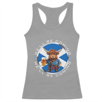 Funny Highland Cow in Kilt Drinking Racerback Tank Top We'll Be Coming Scottish Pride Football Fans - Wonder Print Shop