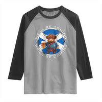 Funny Highland Cow in Kilt Drinking Raglan Shirt We'll Be Coming Scottish Pride Football Fans - Wonder Print Shop