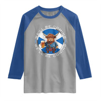 Funny Highland Cow in Kilt Drinking Raglan Shirt We'll Be Coming Scottish Pride Football Fans - Wonder Print Shop