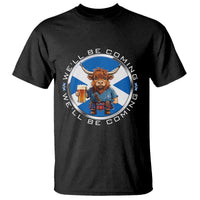 Funny Highland Cow in Kilt Drinking T Shirt We'll Be Coming Scottish Pride Football Fans - Wonder Print Shop