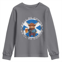 Funny Highland Cow in Kilt Drinking Youth Sweatshirt We'll Be Coming Scottish Pride Football Fans - Wonder Print Shop