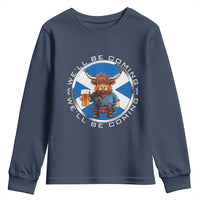 Funny Highland Cow in Kilt Drinking Youth Sweatshirt We'll Be Coming Scottish Pride Football Fans - Wonder Print Shop