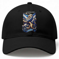 Scotland Forever Majestic Lion Rampant Holding Saltire Flag With Thistles Graphic Baseball Cap