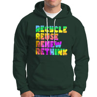 Dark forest green hoodie with multicolor "Recycle Reuse Renew Rethink" graphic on chest