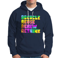 Navy hoodie with multicolor "Recycle Reuse Renew Rethink" graphic on chest
