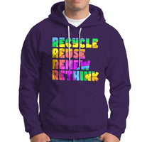 Purple hoodie with multicolor "Recycle Reuse Renew Rethink" graphic on chest