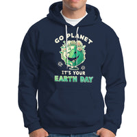 Navy Earth Day hoodie with front graphic, hood and white drawstrings.