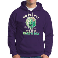 Purple Earth Day hoodie with front graphic, hood and white drawstrings.