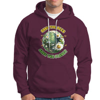 Maroon hoodie with front kangaroo pocket, white drawstrings, and bee planet graphic.