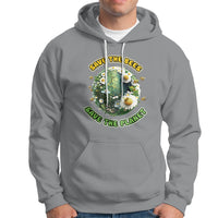 Sport gray hoodie with front kangaroo pocket, white drawstrings, and bee planet graphic.