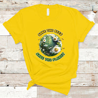 Daisy yellow Earth Day T-shirt with circular Save the Bees Save the Planet graphic
