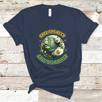 Navy Earth Day T-shirt featuring a Save the Bees Save the Planet circular graphic