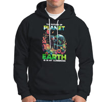 Black Earth Day graphic hoodie with front pocket and hood, long sleeves.