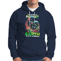 Navy Earth Day graphic hoodie with front pocket and hood, long sleeves.