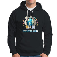 Black pullover hoodie with animal globe graphic, 'SAVE OUR HOME' on chest, front pocket.