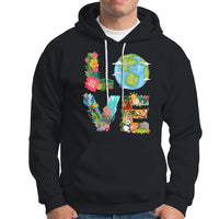 Black pullover hoodie with colorful Earth and wildlife graphic, kangaroo pocket