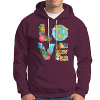 Maroon pullover hoodie with colorful Earth and wildlife graphic, kangaroo pocket