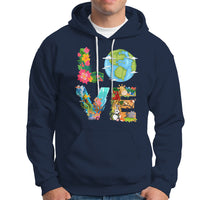 Navy pullover hoodie with colorful Earth and wildlife graphic, kangaroo pocket
