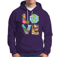 Purple pullover hoodie with colorful Earth and wildlife graphic, kangaroo pocket
