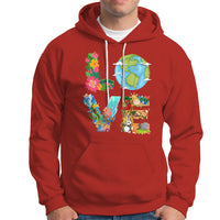 Red pullover hoodie with colorful Earth and wildlife graphic, kangaroo pocket