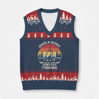 Funny Scout V-Neck Knit Sweater Vest Once A Scout Always A Pyromaniac Adventure Retro - Wonder Print Shop