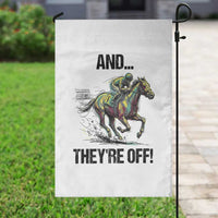 And They’re Off Colorful Horse Racing Sketch Garden Flag Jockey and Thoroughbred Sprinting Race Day