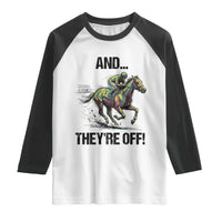 And They’re Off Colorful Horse Racing Sketch Raglan Shirt Jockey and Thoroughbred Sprinting Race Day