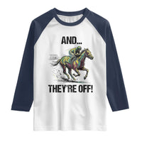 And They’re Off Colorful Horse Racing Sketch Raglan Shirt Jockey and Thoroughbred Sprinting Race Day