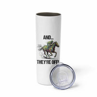 And They’re Off Colorful Horse Racing Sketch Skinny Tumbler Jockey and Thoroughbred Sprinting Race Day