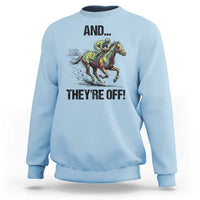And They’re Off Colorful Horse Racing Sketch Sweatshirt Jockey and Thoroughbred Sprinting Race Day