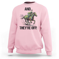 And They’re Off Colorful Horse Racing Sketch Sweatshirt Jockey and Thoroughbred Sprinting Race Day